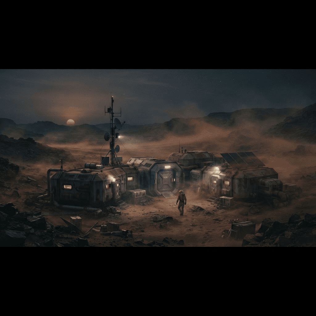 Exterior of the Mars colony at dusk with dust blowing across the habitat
